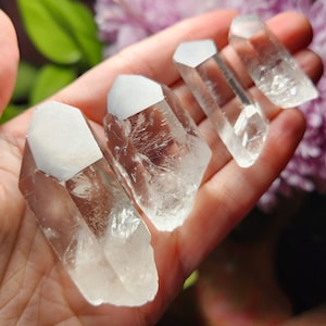 May include: Four clear, natural quartz crystal points of varying sizes arranged in a row. Each crystal features a hexagonal prism shape with a pointed termination, displaying internal fractures, inclusions, and a transparent, glass-like appearance.