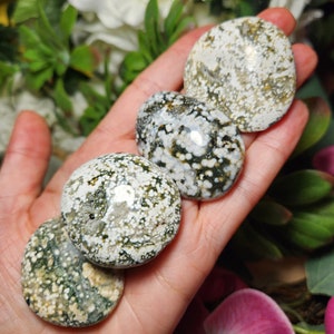 May include: Four green and white ocean jasper stones, each with a different pattern of white spots and green veins.