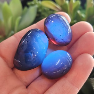 May include: Three smooth, oval-shaped blue and purple iridescent stones. The stones are translucent and have a slight shimmer.