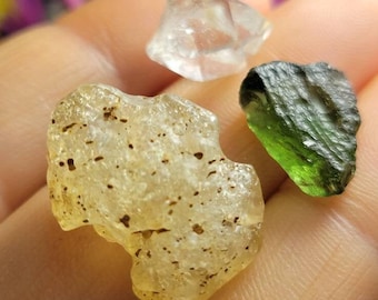 Moldavita - LDG - Herkimer: Juego de tres ~ Diamante Herkimer - Vidrio del desierto libio - Cristal de moldavita