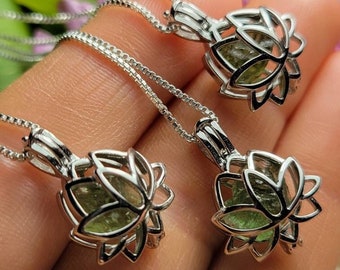 Moldavite Silver Lotus Pendant: Authentic Tektite Crystal Necklace