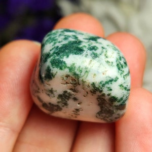 May include: A smooth, white and green agate tumbled stone with a green moss agate pattern.