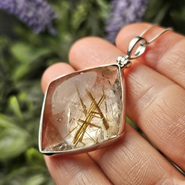 Sterlingzilveren rutielkwarts hanger - gouden rutiel in kwarts - rutiel hanger - rutielkwarts ketting - rutielkwarts sieraden