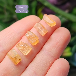 May include: Four small, translucent, orange-hued raw crystal fragments with jagged, natural edges and a crystalline texture. A purple label in the upper left corner displays the text Small .5-1g, indicating the weight range of the stones.