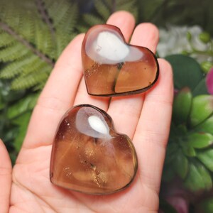 Puede incluir: Dos cristales de cuarzo ahumado en forma de coraz&oacute;n de color marr&oacute;n. Los cristales son transl&uacute;cidos y tienen un ligero tono dorado.