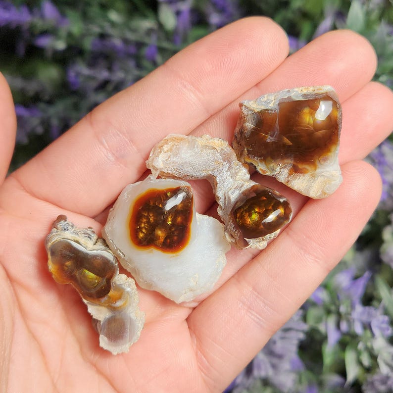May include: A collection of four agate stones with brown, white, and gold patterns. The stones are smooth and polished, and they have a natural, organic look.