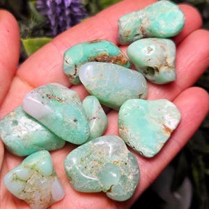 May include: A collection of tumbled chrysoprase stones in various shades of mint green and pale teal. These smooth, polished minerals feature natural white and brown inclusions, irregular shapes, and a glossy, semi-translucent surface texture.