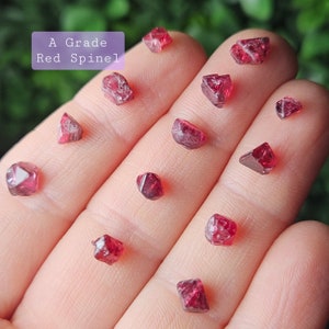 May include: A Grade Red Spinel crystals, a collection of 12 red spinel gemstones in various sizes and shapes, displayed on a hand.