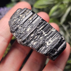 Peut inclure: Un cristal de tourmaline noire brute pr&eacute;sentant des stries verticales profondes et une surface brillante et r&eacute;fl&eacute;chissante. La pierre a une forme irr&eacute;guli&egrave;re et dentel&eacute;e avec des inclusions min&eacute;rales blanches visibles incrust&eacute;es dans la structure cristalline sombre, textur&eacute;e et allong&eacute;e.