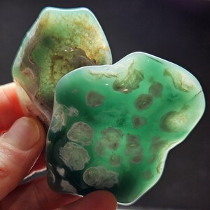 May include: Two green agate stones with white and brown inclusions. The stones are irregularly shaped and have a smooth, polished surface.