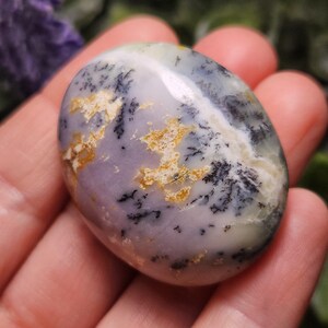 May include: A smooth, polished oval gemstone featuring a pale lavender and creamy white base color. The stone is decorated with intricate, dark black dendritic fern-like inclusions and patches of textured, golden-brown mineral deposits.