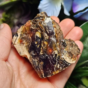 May include: A large piece of amber with a dark purple hue and inclusions of brown, yellow, and white. The amber is translucent and has a rough, natural surface.