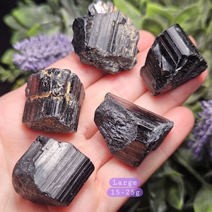 Peut inclure: Cinq cristaux de tourmaline noire brute avec des surfaces stri&eacute;es et des bords irr&eacute;guliers. Les pierres sont sombres, opaques et ont un &eacute;clat brillant. Une superposition de texte violet en bas &agrave; droite indique Large 15-25g, le poids.