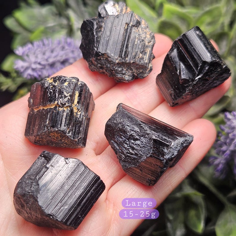 Peut inclure: Cinq cristaux de tourmaline noire brute avec des surfaces stri&eacute;es et des bords irr&eacute;guliers. Les pierres sont sombres, opaques et ont un &eacute;clat brillant. Une superposition de texte violet en bas &agrave; droite indique Large 15-25g, le poids.