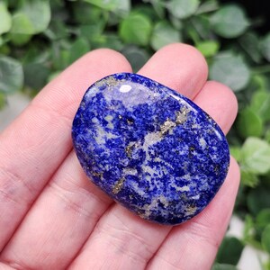May include: A polished, oval-shaped lapis lazuli gemstone. The deep blue stone features gold flecks and white marbling throughout. The gemstone is held in a hand, with a blurred green background.