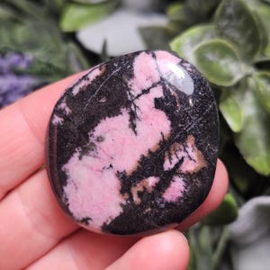 May include: A polished, rounded rhodonite stone featuring a smooth surface with a distinct pattern of opaque pink and deep black mineral inclusions. The stone has a glossy finish that reflects light, highlighting the contrast between the colors.