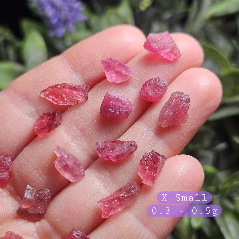 May include: A collection of small, raw, translucent pink tourmaline crystals with irregular shapes and faceted textures. A purple graphic overlay in the lower right corner displays the text X-Small and 0.3 - 0.5g, indicating the weight range.