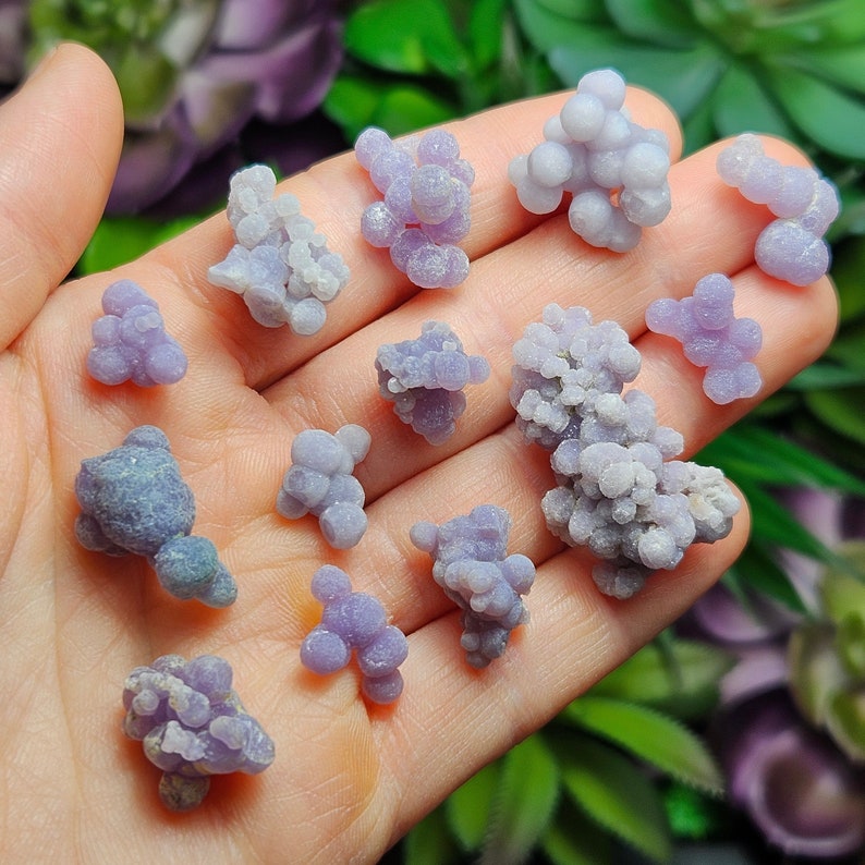 May include: A selection of small, clustered, grape-like formations of lavender-coloured chalcedony gemstones. The gemstones are held in a hand, with a blurred background of green foliage and purple flowers.