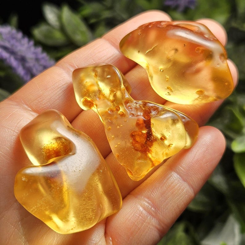 May include: Three polished, translucent amber stones with a golden-yellow hue. Each piece features organic, irregular shapes and smooth surfaces, with visible internal inclusions and warm, honey-colored tones throughout the crystalline structure.