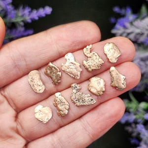 May include: A collection of small, irregularly shaped gold nuggets. The nuggets vary in size and texture, with a rough, natural appearance. The gold has a warm, metallic luster, and the nuggets are displayed against a blurred background of a hand and purple flowers.