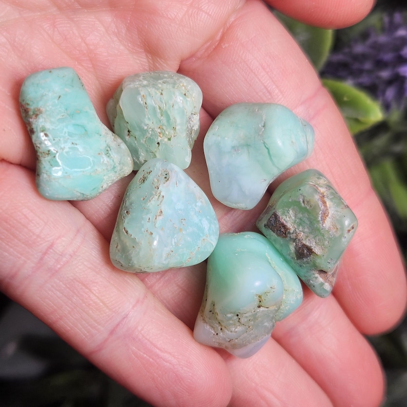 May include: Six small, tumbled stones with a smooth, polished texture and a pale mint green color. Each stone features irregular shapes and subtle, natural brown inclusions embedded within the translucent, light green mineral surfaces.