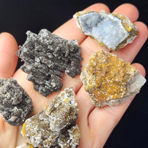 May include: A collection of raw mineral specimens, including a piece with a light blue interior, and others with dark gray and golden-brown hues. The minerals are displayed against a dark background, showcasing their natural textures and colors.