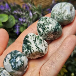 May include: Four polished moss agate stones with a smooth, rounded texture. Each stone features a distinct pattern of opaque white and translucent grey base colors with deep green, fern-like dendritic inclusions scattered across the surfaces.