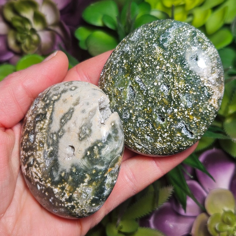 May include: Two polished, oval-shaped stones. One is primarily dark green with white speckles, the other is a mix of light gray, green, and white. The stones are held in a hand, with a blurred background of green and purple foliage.