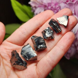 May include: A collection of six raw, black, and metallic-looking, rough-cut,  crystals of hematite. The crystals are arranged in a row on a hand, with the largest crystal at the top and the smallest crystal at the bottom.