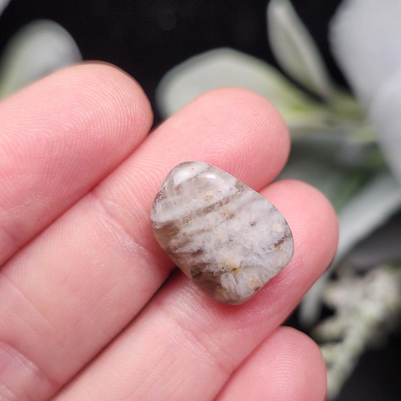 May include: A polished, oval-shaped stone with a mix of brown, white, and tan colors. The stone has a smooth, glossy surface and a natural, organic appearance. The stone is held in a hand.