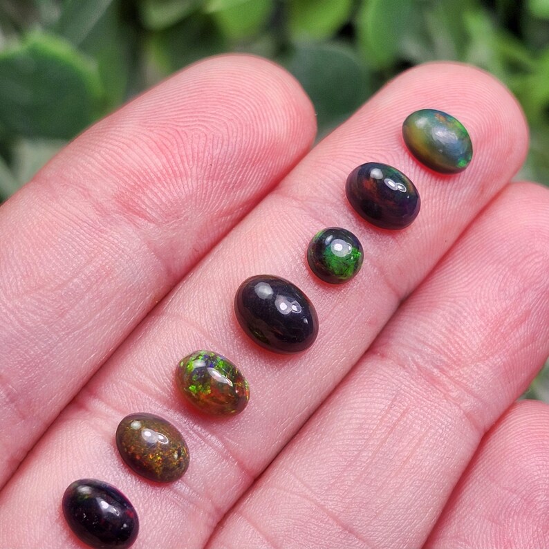 May include: A collection of oval and round opals in various colors, including green, brown, and black. The opals are displayed on a light-colored surface, showcasing their iridescent qualities. The gemstones vary in size and shape.