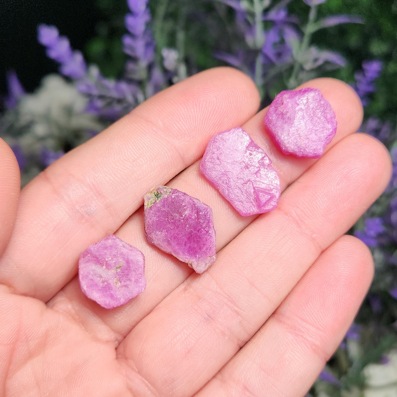 May include: Four pink ruby crystals with a variety of shapes and sizes. The crystals are displayed on a hand.