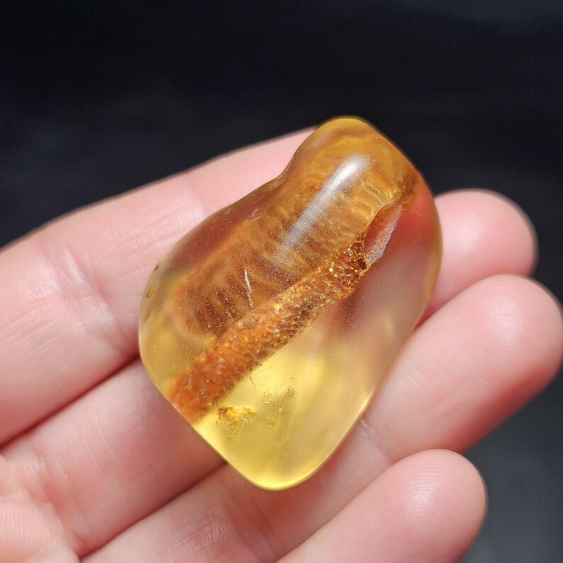 May include: A polished, translucent golden-yellow amber stone featuring a distinct, elongated dark brown organic inclusion with a textured, granular surface running diagonally through the center of the smooth, rounded gemstone.