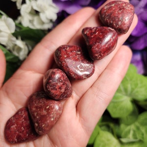 May include: Five tumbled red jasper heart shaped stones. The stones are a deep red color with white and gold flecks throughout.