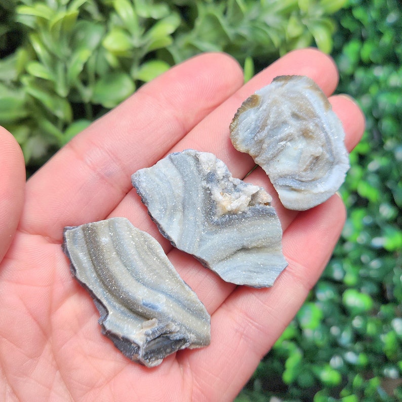 May include: Three pieces of banded agate, a type of chalcedony, with white and gray banding. The agate is translucent and has a smooth, polished surface.