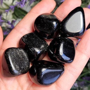 May include: A collection of six polished black stones with smooth, rounded surfaces and reflective highlights. The stones are dark, opaque, and have irregular, organic shapes, showcasing a glossy finish that catches the light across their surfaces.