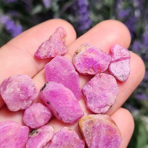 May include: A collection of pink ruby crystals, some with a more purple hue, in various shapes and sizes. The crystals are rough and unpolished, with natural facets and edges.