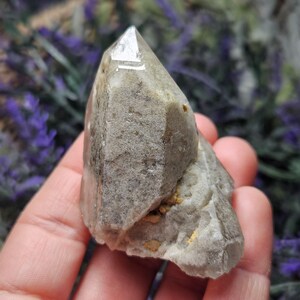 May include: A natural quartz crystal with a pointed tip and a rough, textured surface. The crystal is primarily gray with hints of brown and yellow. The background features blurred purple flowers.