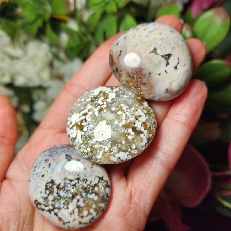 May include: Three polished, rounded stones in shades of white, brown, and gray are held in a hand. The stones have a speckled pattern and a smooth, glossy finish. The background is blurred with green foliage.