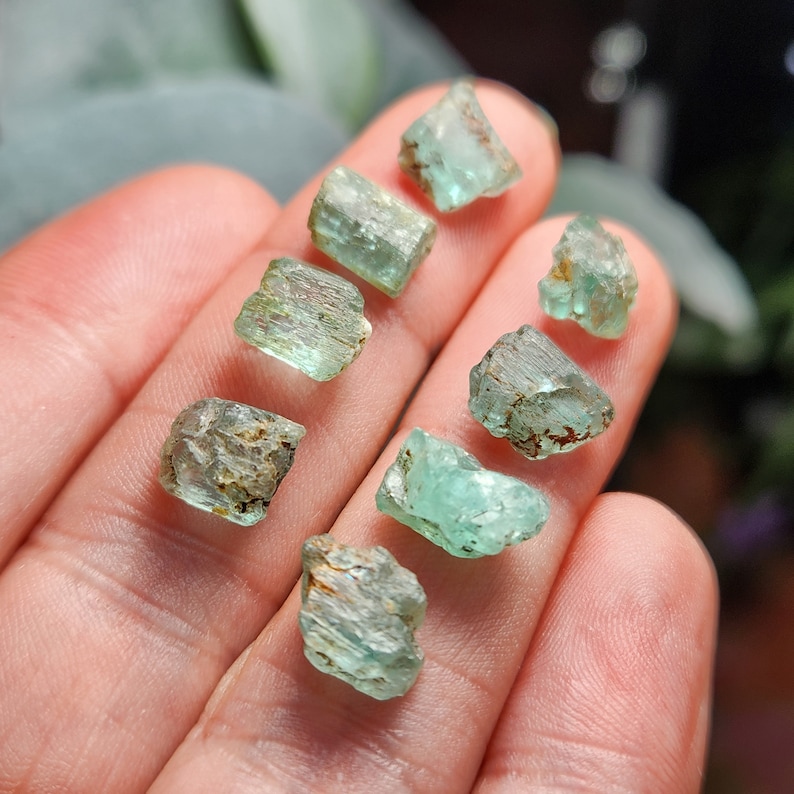 May include: A collection of eight small, rough, green emerald crystals. The crystals are translucent and have a variety of shapes and sizes.