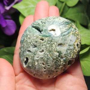 May include: A rounded, polished stone with a mottled green and white pattern. The stone has several small, open cavities and a smooth, reflective surface. The stone is held in a hand, with green foliage in the background.