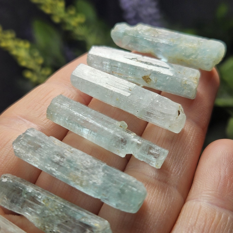 Puede incluir: Una colecci&oacute;n de cristales de aguamarina en bruto, cada uno con un tono azul p&aacute;lido y una textura natural sin pulir. Los cristales son alargados y var&iacute;an ligeramente en tama&ntilde;o, mostrando sus formaciones &uacute;nicas. El fondo est&aacute; borroso, resaltando las piedras preciosas.