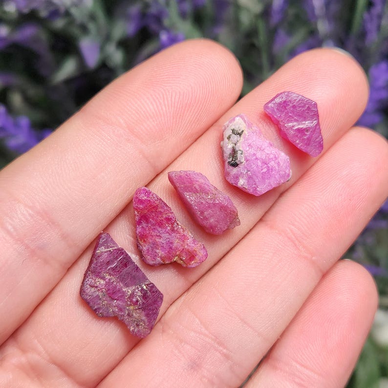 May include: Six pink ruby crystals of varying sizes and shapes, held in a hand.
