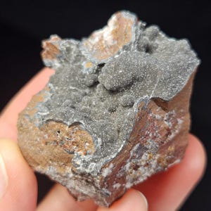 May include: A close-up of a mineral specimen with a rough, textured surface. The rock features a mix of colors, including gray, brown, and reddish-brown. The gray portion has a granular appearance, while the brown areas show a layered structure.