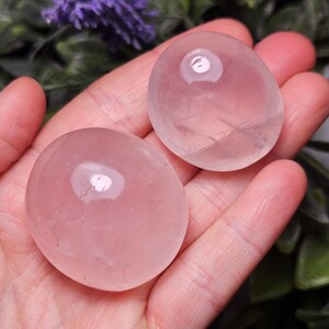K&ouml;nnte beinhalten: Zwei glatte, polierte Rosenquarzsteine mit einem durchscheinenden, blassrosa Farbton. Diese abgerundeten, handtellergro&szlig;en Kristalle haben eine gl&auml;nzende, reflektierende Oberfl&auml;che mit subtilen inneren Rissen und nat&uuml;rlichen Variationen im Stein.