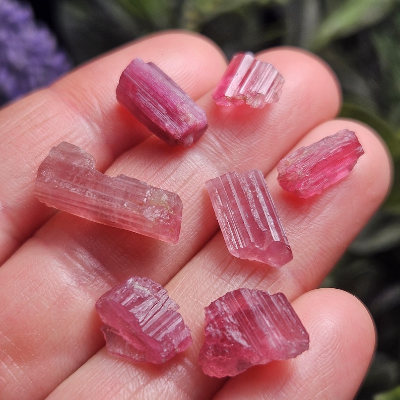 May include: A collection of raw, pink tourmaline crystals. The crystals vary in size and shape, with a translucent appearance and visible striations. The color ranges from light to deep pink, with some crystals appearing more reddish. These gemstones are natural and unpolished.