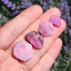 May include: Four pink ruby crystals of varying sizes and shapes. The crystals are raw and have a natural, rough texture.