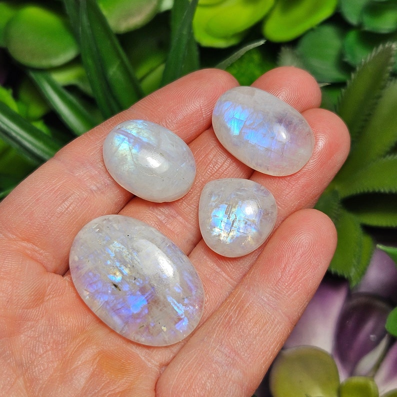 May include: Four iridescent moonstone tumbled stones in various shapes and sizes. The stones are a milky white color with a blue iridescent sheen.