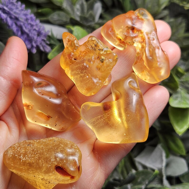 May include: Five pieces of polished amber in various shades of golden yellow and orange. The stones have irregular, organic shapes with smooth, translucent surfaces, some containing small internal inclusions and varying levels of clarity.