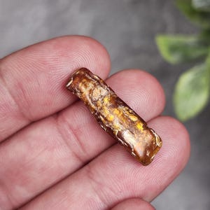 May include: A close-up of a small, rectangular amber stone with a rough, textured surface. The stone has a mix of brown and yellow hues, with a slightly translucent appearance. The stone is held in a person's hand.